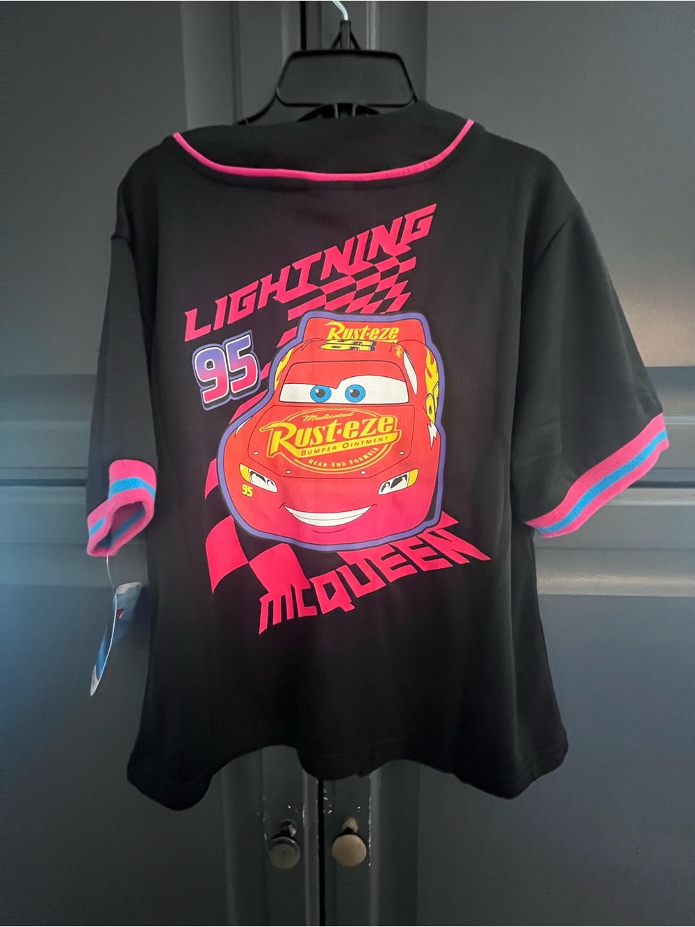 Disney Lightning McQueen jersey material Tee in Black with Pink & Blue Trim